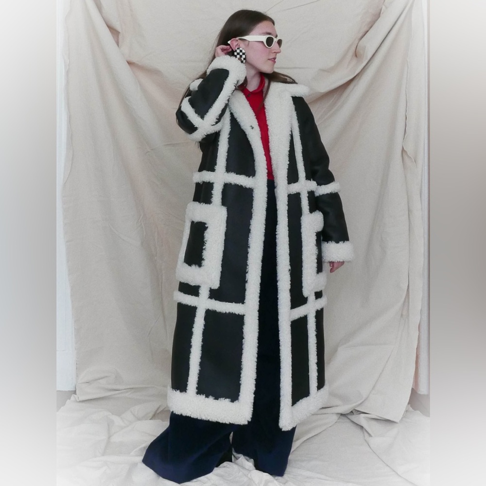 Stand Studio Black & White Shearling Teddy Coat | Faux Leather Longline Jacket